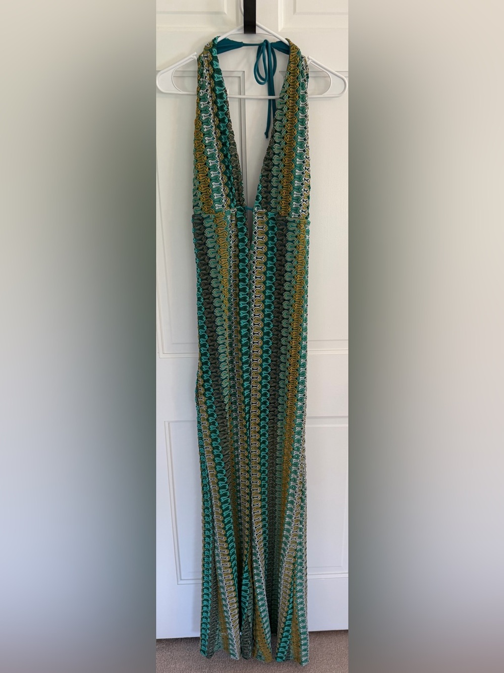 Fashion Nova Relaxed And Ready Crochet Backless Jumpsuit Teal L